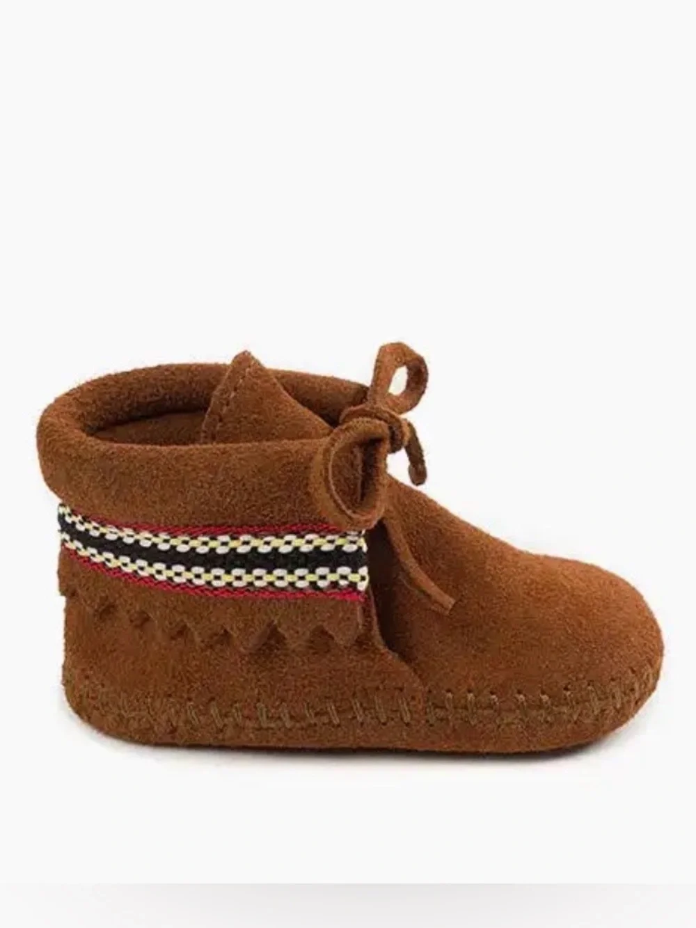 Minnetonka Baby Brown Suede Moccasins with Multicolor Trim - tribal - size 2